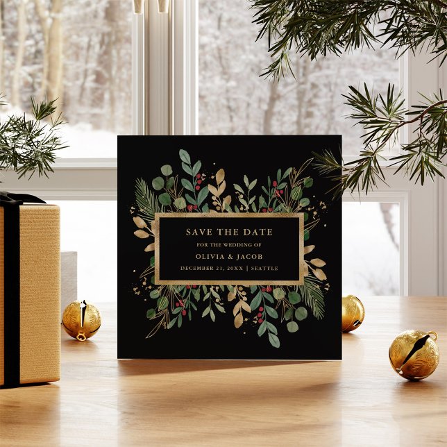 Gilded Greenery on Black | Weihnachts-Foto Save The Date (A festive and elegant save the date card, with your photo on the back)