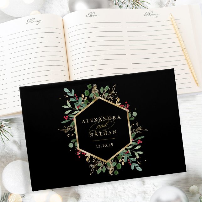 Gilded Greenery on Black | Weihnachtsfeier Gästebuch (A beautiful, glamorous guest book, perfect for your elegant holiday winter wedding)