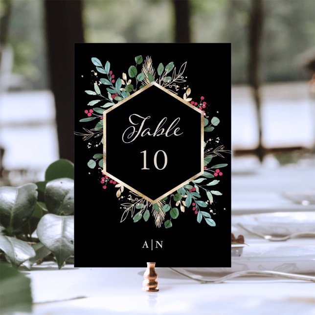 Gilded Greenery on Black | Weihnachtsfeier Tischnummer (An elegant, dark black Christmas wedding table number card)