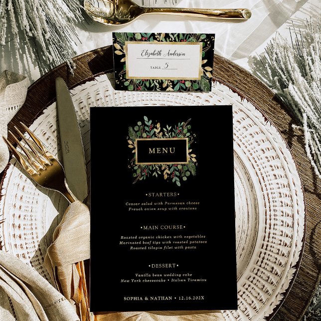 Gilded Greenery on Black | Weihnachtsmenü Menükarte (A glamorous holiday wedding menu in dark black with elegant gold accents)