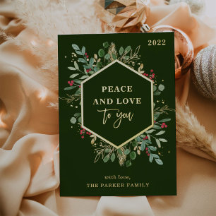 Gilded Greenery on Dark Green Frieden und Liebe Folien Feiertagskarte