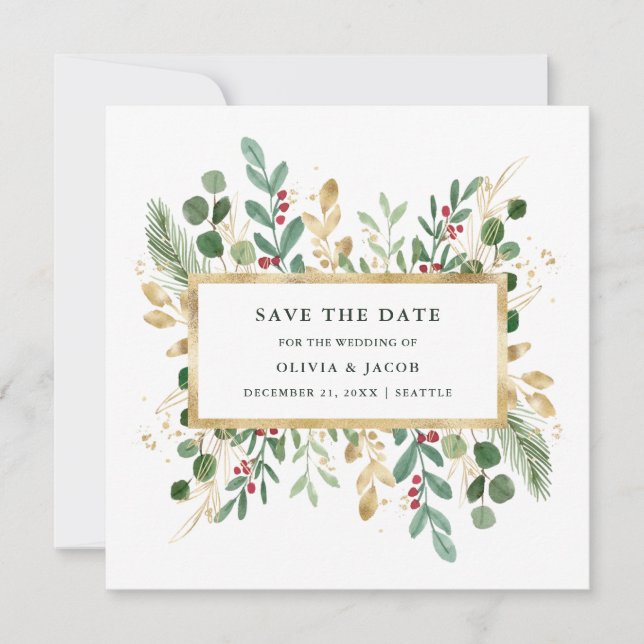 Gilded Greenery on White | Weihnachts-Foto Save The Date (Vorderseite)
