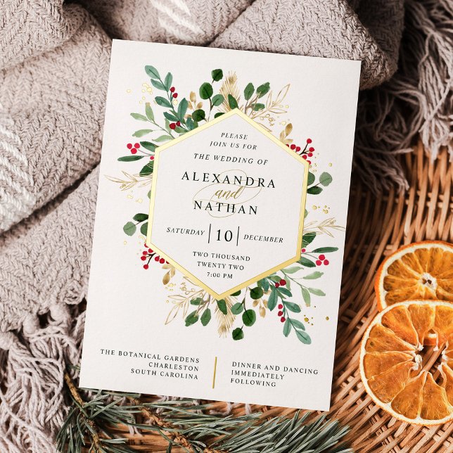 Gilded Greenery on White | Weihnachtsfeier Folieneinladung (Von Creator hochgeladen)