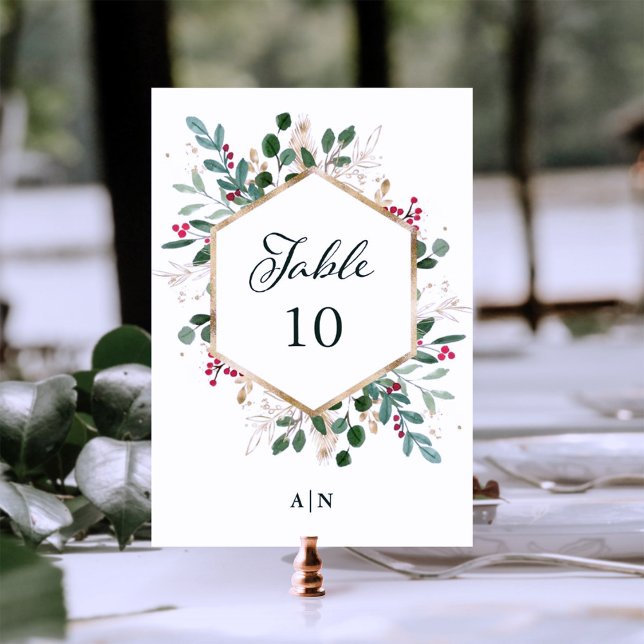 Gilded Greenery on White | Weihnachtsfeier Tischnummer (A modern and elegant holiday wedding table card with stunning faux gold accents)