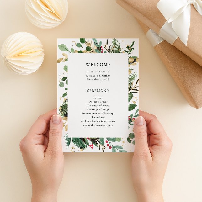 Gilded Greenery White | Hochzeit Programm (An elegant program for your Christmas holiday wedding, in white with gold accents)