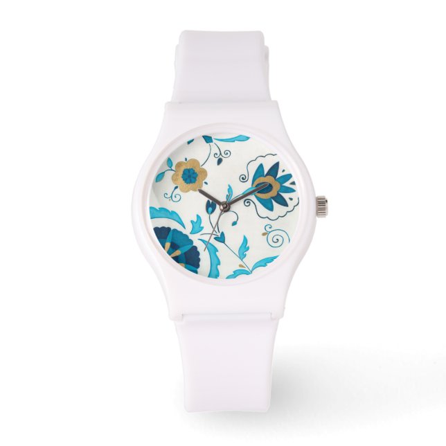Gilded Indigo Blume mit weißem Hintergrund Armbanduhr (Vorderseite)