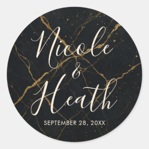 Gilded Midnight Marble Black & Gold Wedding Runder Aufkleber