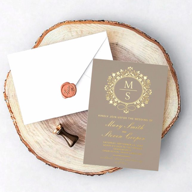Gilded Monogram Wedding Einladungen (I wish you happiness!)