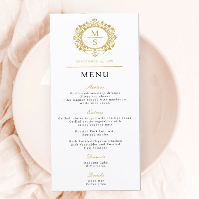 Gilded Monogram Wedding Menu Menükarte (I wish you happiness!)