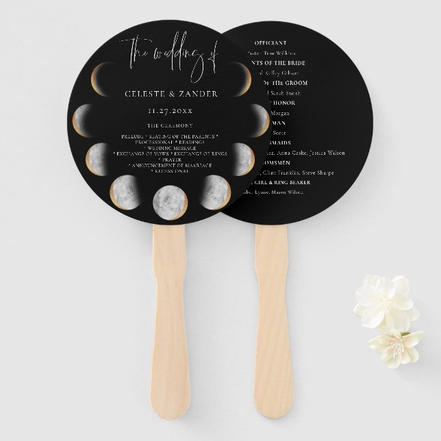 Gilded Moon Phases Wedding Program Hand Fan Fächer (Vorne und Hinten)