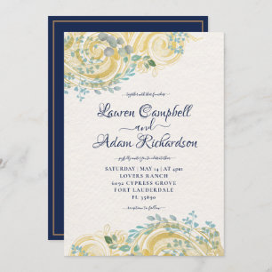 Gilded Navy Blue und Cream Foliage Einladung