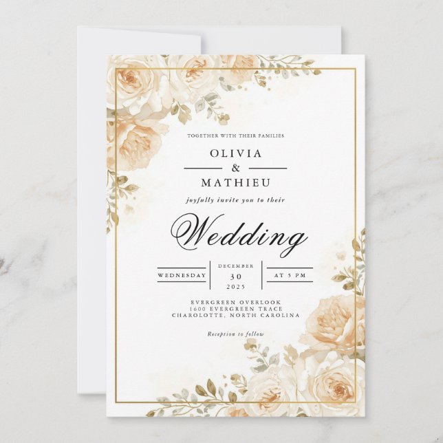 Gilded Peach Blossom Romance Wedding Einladung (Vorderseite)