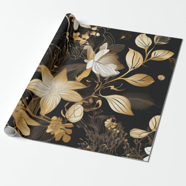 Gilded Petals: Blorschwarz und Gold Geschenkpapier (Ungerollt)