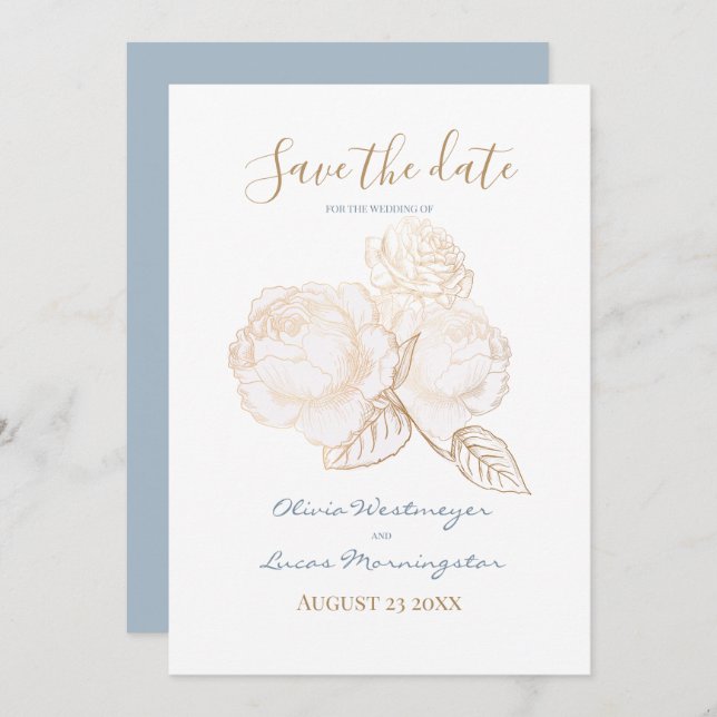Gilded Rose Dusty Blue Ivory Save the Date Einladung (Vorne/Hinten)