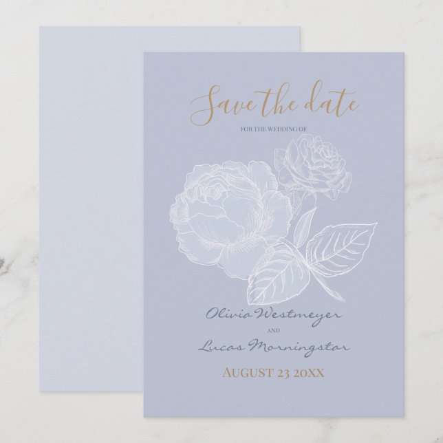 Gilded Rose Dusty Blue Watercolor Save the Date Einladung (Vorne/Hinten)