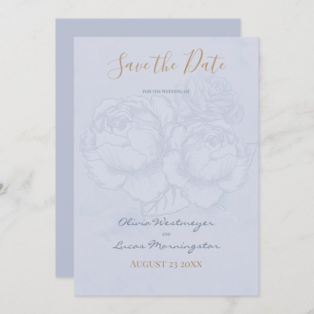 Gilded Rose Dusty Blue Watercolor Save the Date Einladung (Vorne/Hinten)