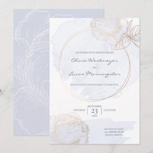 Gilded Rose Dusty Blue Watercolor Wedding Einladung (Vorne/Hinten)