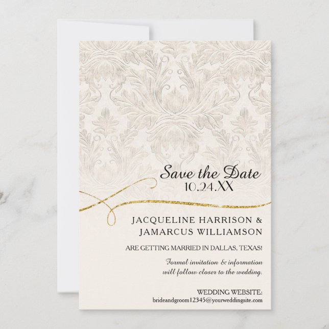Gilded Scroll Damask Ivory Gold Save the Date (Vorderseite)
