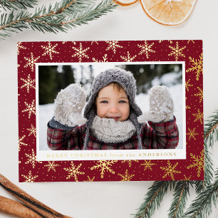 Gilded Snowflakes Foto Burgund und Gold Folien Feiertagspostkarte