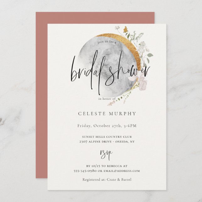 Gilded Wildblume Moon Bridal Dusche Einladung (Vorne/Hinten)