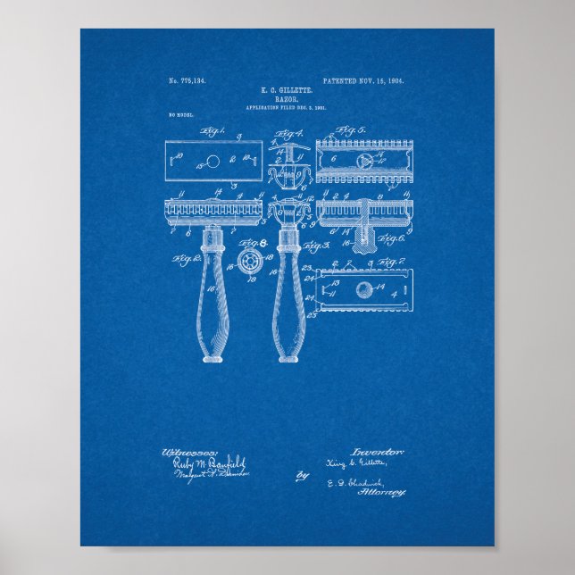 Gillette Razor Patent - Blueprint Poster (Vorne)