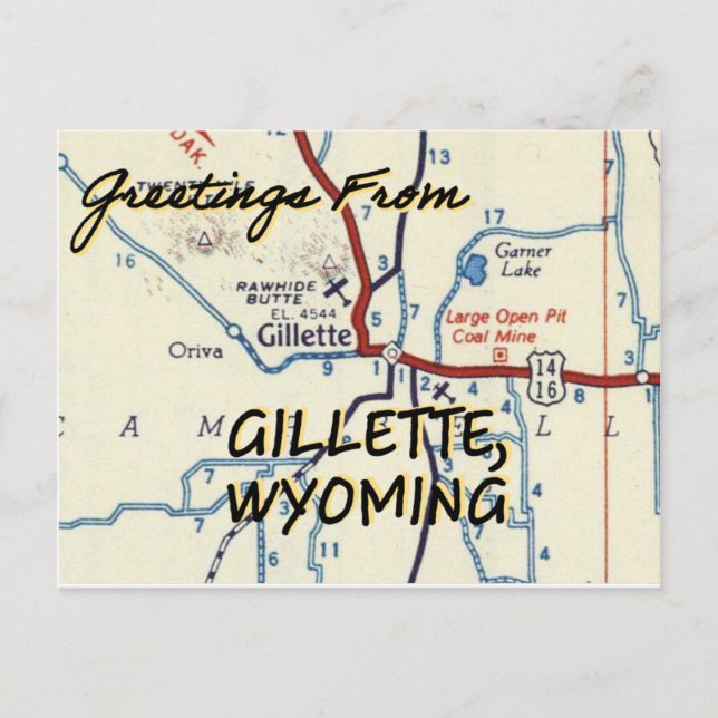 Gillette Wyoming Vintag Map Postkarte (Vorderseite)