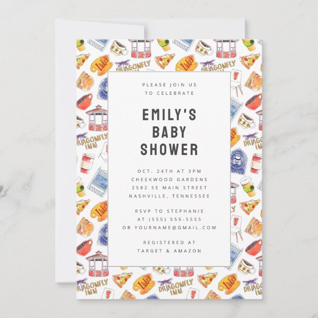 Gilmore Girls Watercolor Icons Kinderdusche Einladung (Vorderseite)
