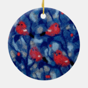 Gimpel, rote Vögel, blaue Wald Bäume Faser Kunst Keramik Ornament