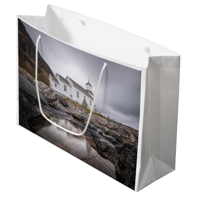 Gimsoy Church Lofoten Norwegen Große Geschenktüte (Vorderseite Schrägansicht)