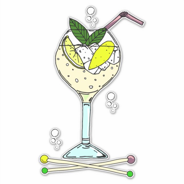 Gin Cocktail Glas mit Eis und Zitronenslicen Aufkleber (Vorderseite)