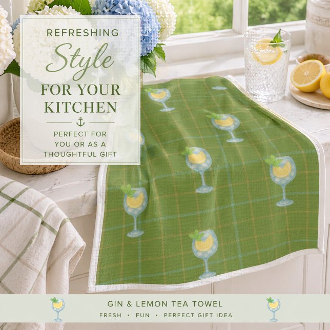 Gin Lover Karo Handtuch – Olive  & Elfenbein  (Coastal cocktail tea towel—perfect housewarming gift or stylish touch for drinks at five)