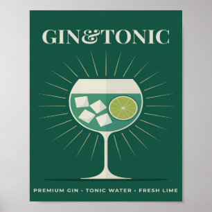 Gin und Tonic Retro Dunkelgrün Cocktail-Grafik Poster