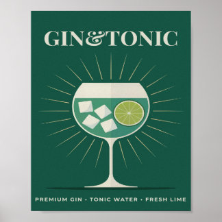 Gin und Tonic Retro Dunkelgrün Cocktail-Grafik Poster