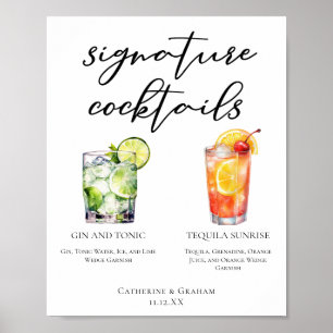 Gin und Tonic Tequila Sunrise Cocktails Menü Poster