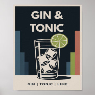 Gin und Tonic Vintage Art Deco Cocktail-Grafik Poster