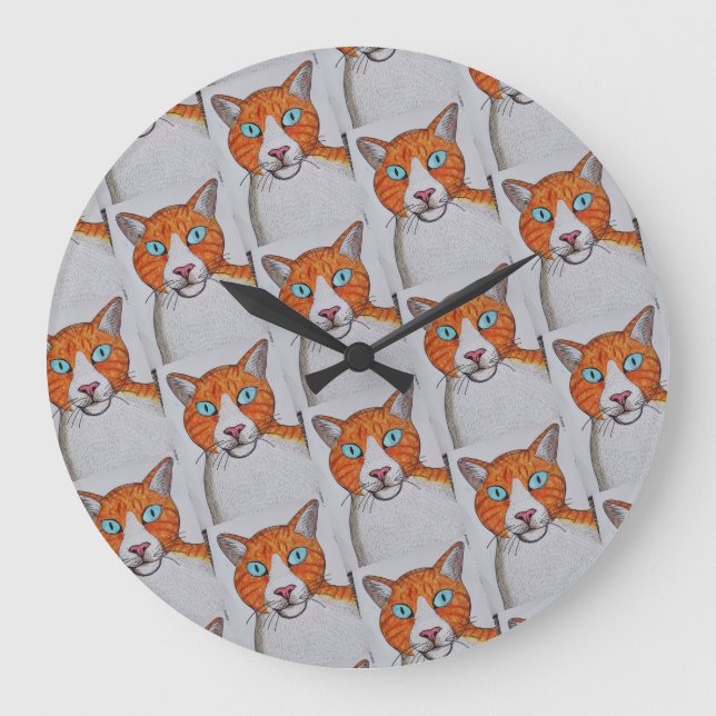 Ginger and white Cat Wall Clock Große Wanduhr (Vorderseite)