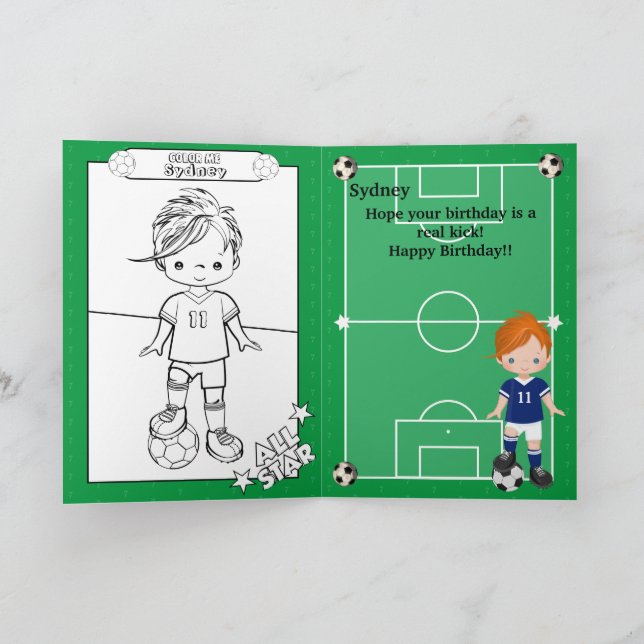 Ginger Boys Soccer Coloring Page Happy Birthday Karte (Innenseite)