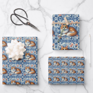 Ginger Cat Blue White Floral English Delft Geschenkpapier Set