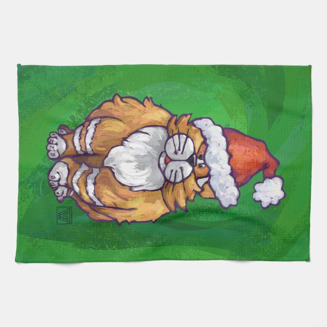 Ginger Cat Christmas on Green Handtuch (Horizontal)