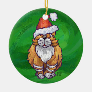 Ginger Cat Christmas on Green Keramik Ornament