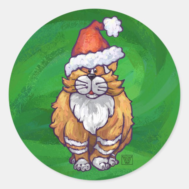 Ginger Cat Christmas on Green Runder Aufkleber (Vorderseite)