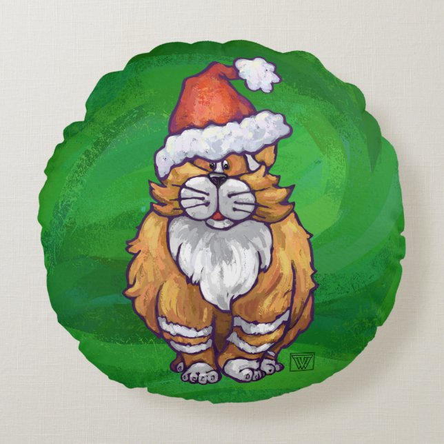 Ginger Cat Christmas on Green Rundes Kissen (Vorderseite)
