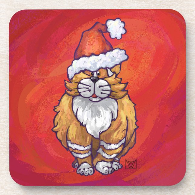 Ginger Cat Christmas On Red Getränkeuntersetzer (Vorderseite)