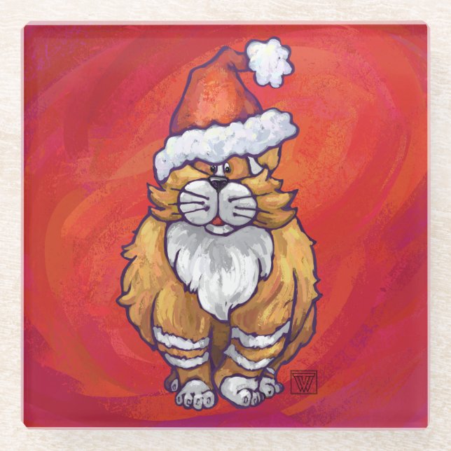 Ginger Cat Christmas On Red Glasuntersetzer (Vorderseite)