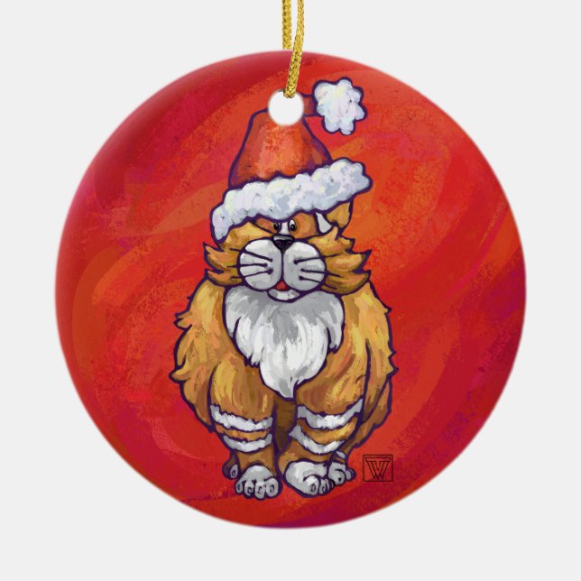 Ginger Cat Christmas On Red Keramikornament (Vorne)