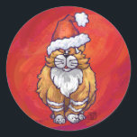 Ginger Cat Christmas On Red Runder Aufkleber<br><div class="desc">Animal Parade Ginger Cat Weihnachtsgeschenke und Accessoires, die Ihnen von ITD Animal Parade mitgebracht werden, zeigen unsere originelle Kunst einer niedlichen Orange und Weiß Katze, die alle für den Urlaub mit einer Weihnachtsmannmütze auf ihrem Kopf und einem heiligen Kranz auf ihrem Hintern verziert ist. Auf vielen Urlaubskarten und Geschenken steht...</div>
