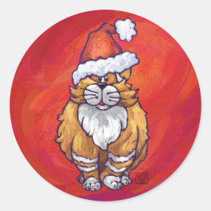 Ginger Cat Christmas On Red Runder Aufkleber