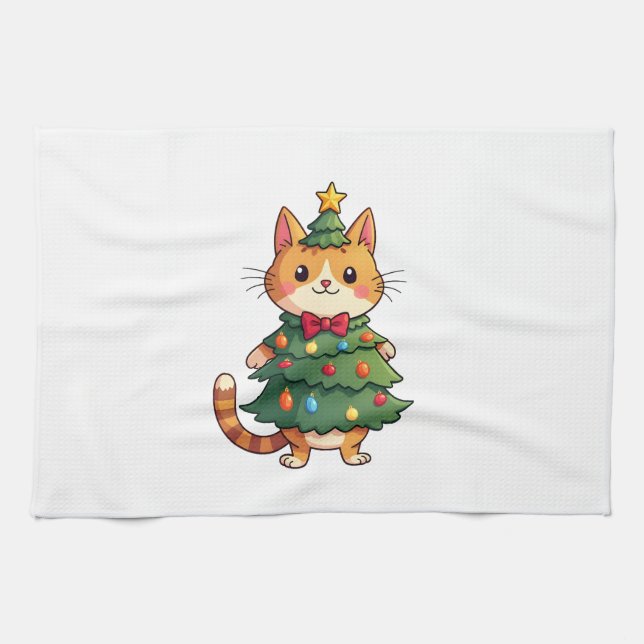Ginger Cat Christmas Tree Cute Xmas 4 Geschirrtuch (Horizontal)