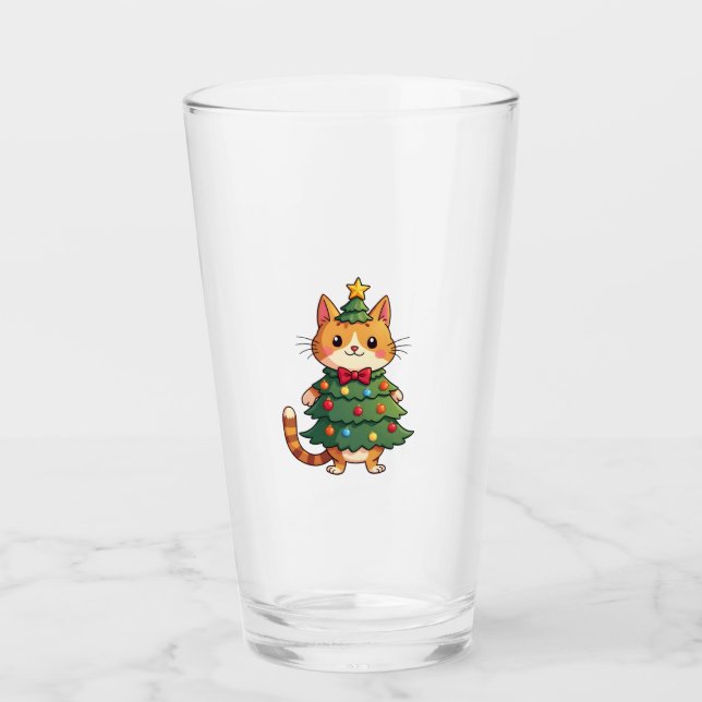 Ginger Cat Christmas Tree Cute Xmas 4 Glas (Vorderseite)