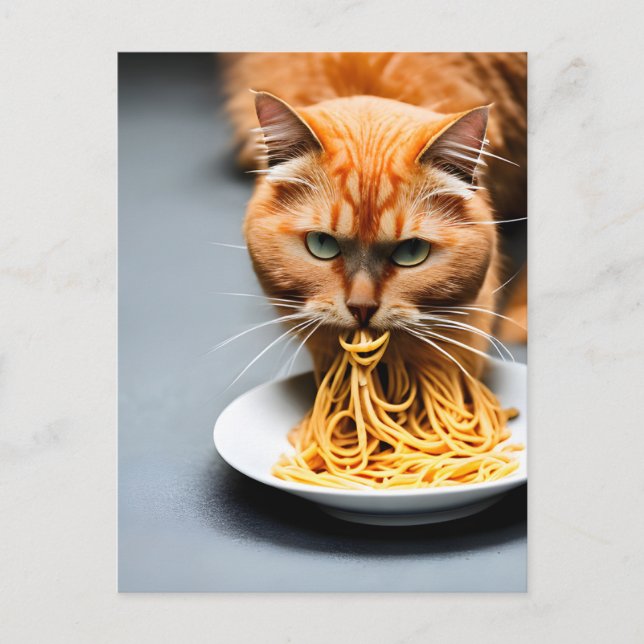 Ginger Cat Eating Spaghetti Postkarte (Vorderseite)